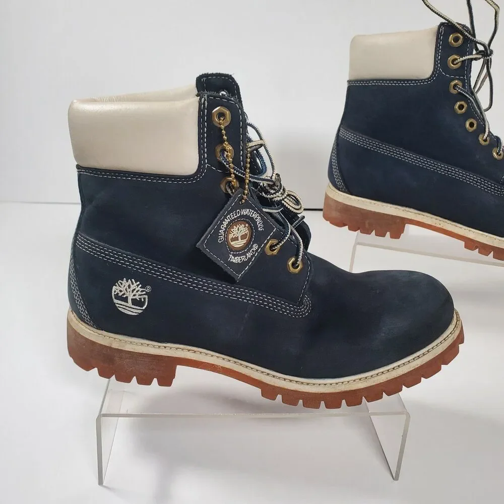 Timberland Men’s Premium 6-Inch Waterproof Boots 8.5M Navy Nubuck White Collar - Picture 3 of 16